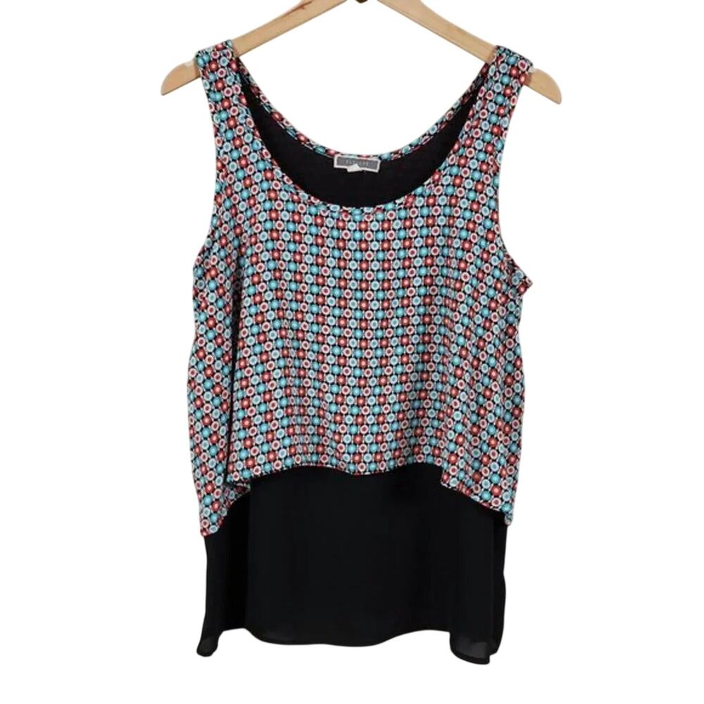 Pleione Sleeveless Layered Blouse Black Red Teal Geometric Women Size S